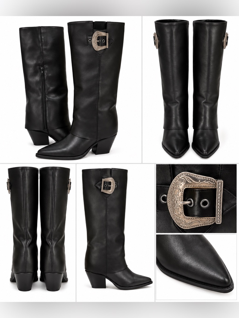 Rowena Black Knee-High Western Buckle Boots